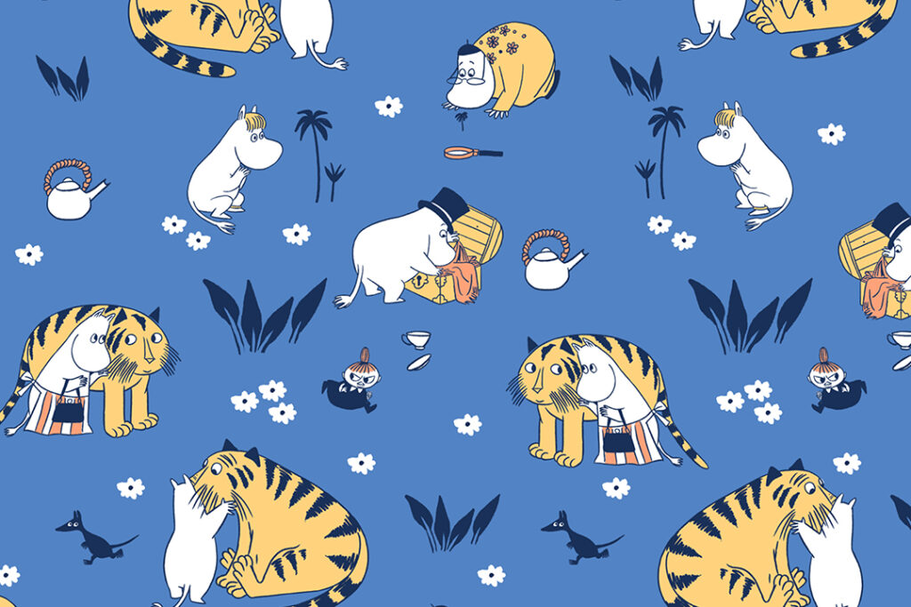 Textile pattern Moomin family blue night
